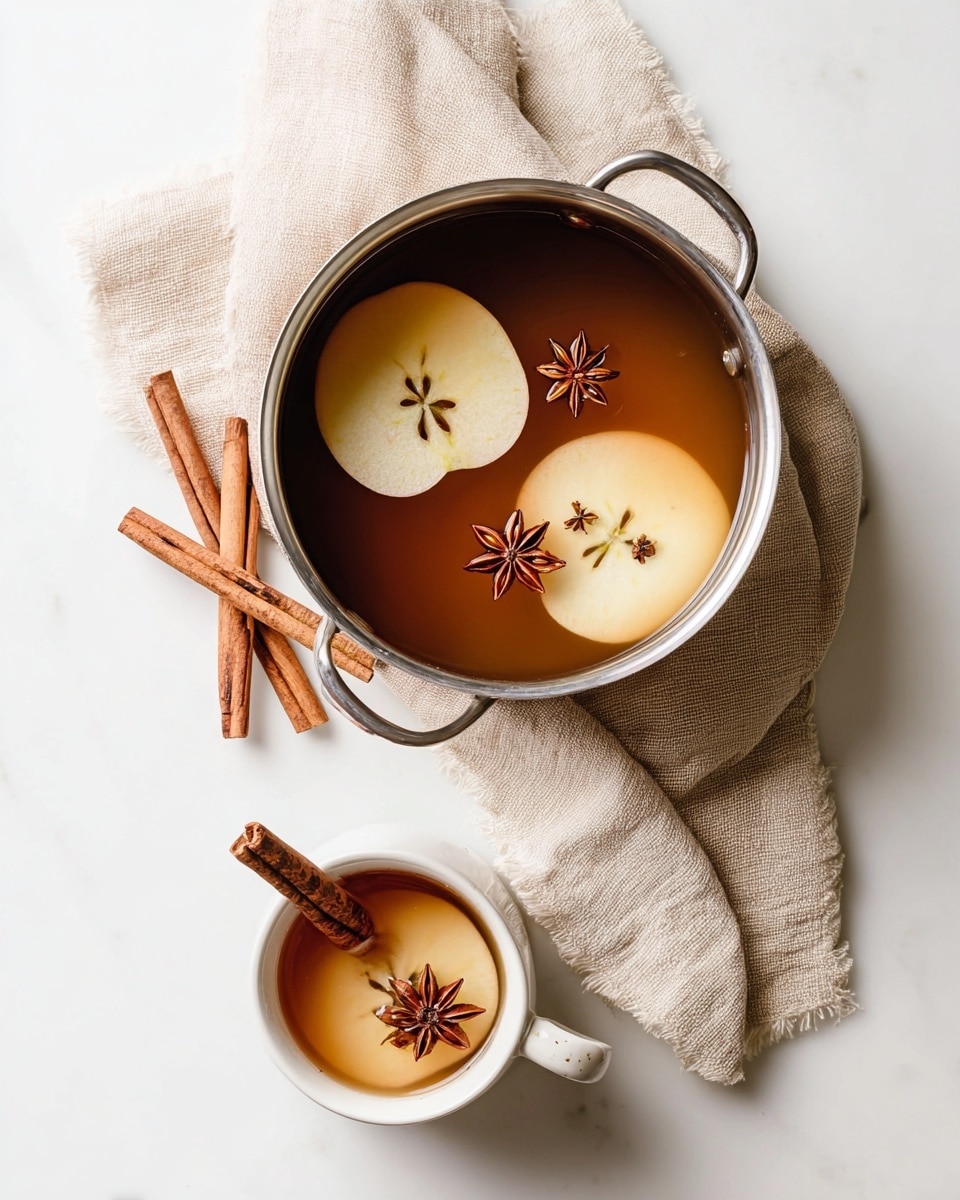 A metal saucepan filled with a warm brown liquid has three round apple slices floating on the surface, each decorated with two or three star anise pieces. Nearby, a white ceramic mug holds a similar drink with one apple slice and one star anise floating on top, with a cinnamon stick inside. A light beige cloth is softly draped beneath the saucepan on a smooth white marbled surface, and three cinnamon sticks lie casually on the side. photo taken with an iphone --ar 4:5 --v 7