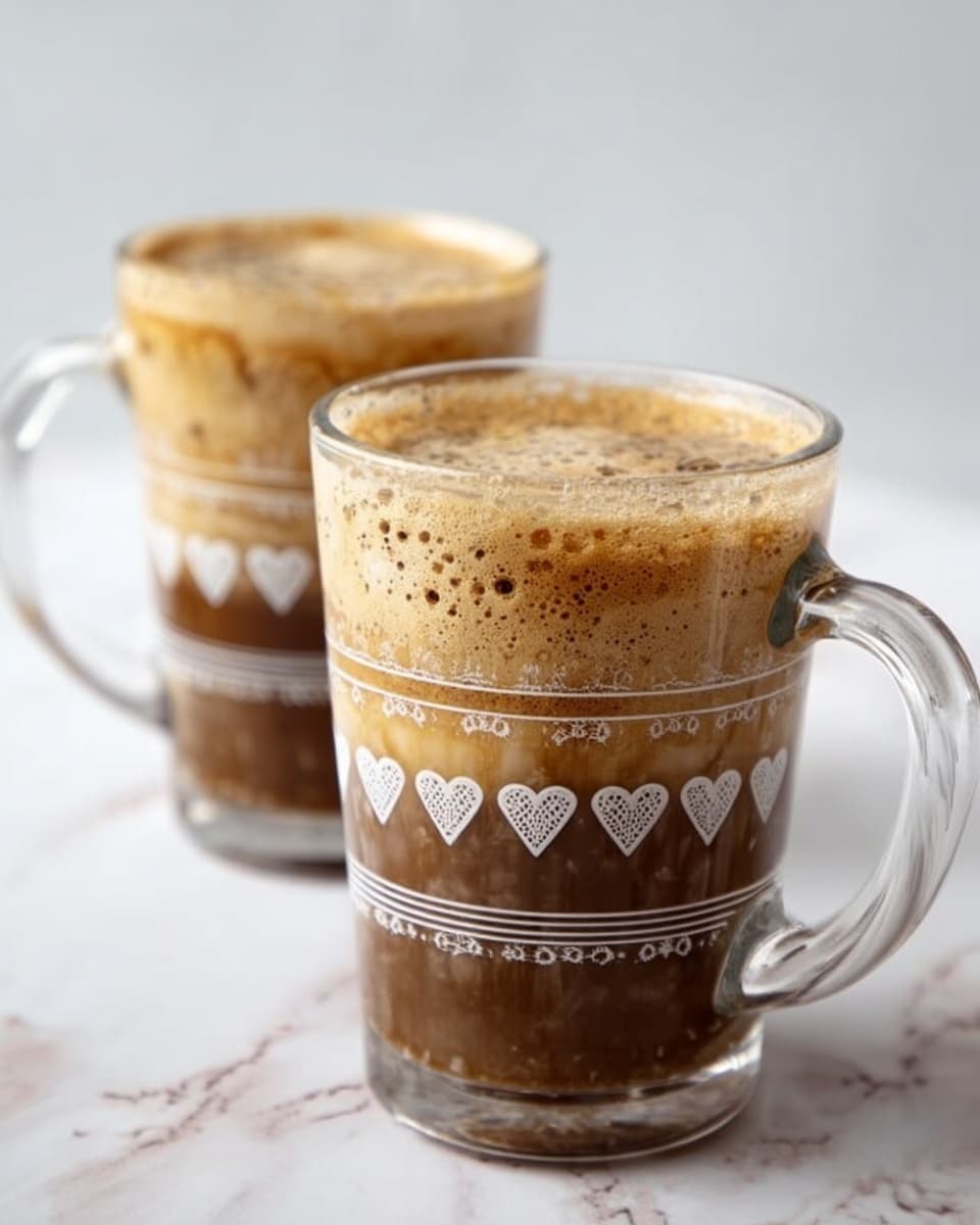 Two clear glass mugs with handles are filled with a layered coffee drink. The bottom layer is dark brown coffee, topped with a lighter brown foamy layer that has small bubbles. The glass mugs have a pattern of hearts and scalloped edges etched around their middle. The mugs are placed on a white marbled surface with a soft white background. The photo was taken with an iphone --ar 4:5 --v 7