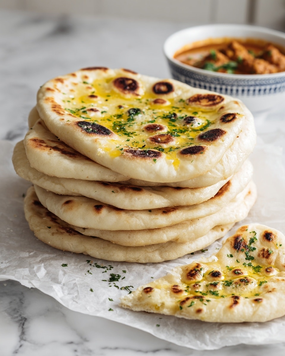 The image shows a white speckled oval plate with four flatbreads stacked on it, each flatbread having a light golden-brown color with darker toasted spots scattered unevenly across their surfaces, giving them a soft and slightly fluffy texture. The flatbreads have uneven, slightly puffy edges. To the left of the plate, there is a bunch of red vine tomatoes, and near the top right edge, there is a small white bowl filled with shiny dark purple olives. At the bottom right corner, a small sprig of green leaves rests on a white marbled surface. A white cloth is partly draped over the bottom left side of the plate. The whole setting appears bright and fresh. photo taken with an iphone --ar 4:5 --v 7