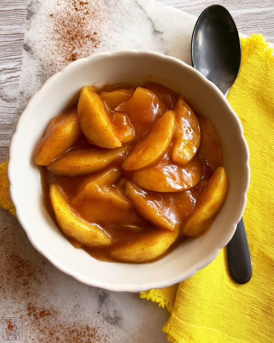 A white bowl filled with soft apple slices covered in thick, glossy cinnamon sauce, each slice light yellow with a smooth shiny brown sauce speckled with cinnamon, arranged closely together. The bowl rests on a white marbled surface sprinkled with some cinnamon powder near the bottom edge. On the right side, a matte black spoon lies on a bright yellow cloth, adding contrast to the scene. photo taken with an iphone --ar 4:5 --v 7