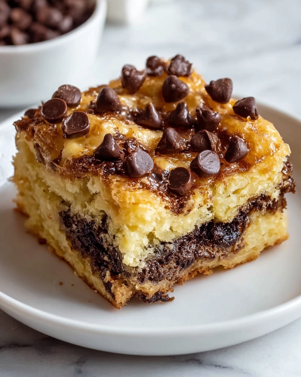 A close-up of a baked layered dessert slice on a white plate shows a golden brown top with a shiny, slightly crispy texture. The top layer is decorated with large dark chocolate chips and smaller chocolate bits scattered evenly, creating a rich, textured look. Below the top, the dessert has two main layers: the upper section is a soft, light golden yellow cake-like texture, while the bottom section is dense and dark with a thick chocolate filling mixed with more chocolate chips. The dessert looks moist and gooey inside, contrasting with the crisp top. The plate sits on a white marbled surface. photo taken with an iphone --ar 4:5 --v 7