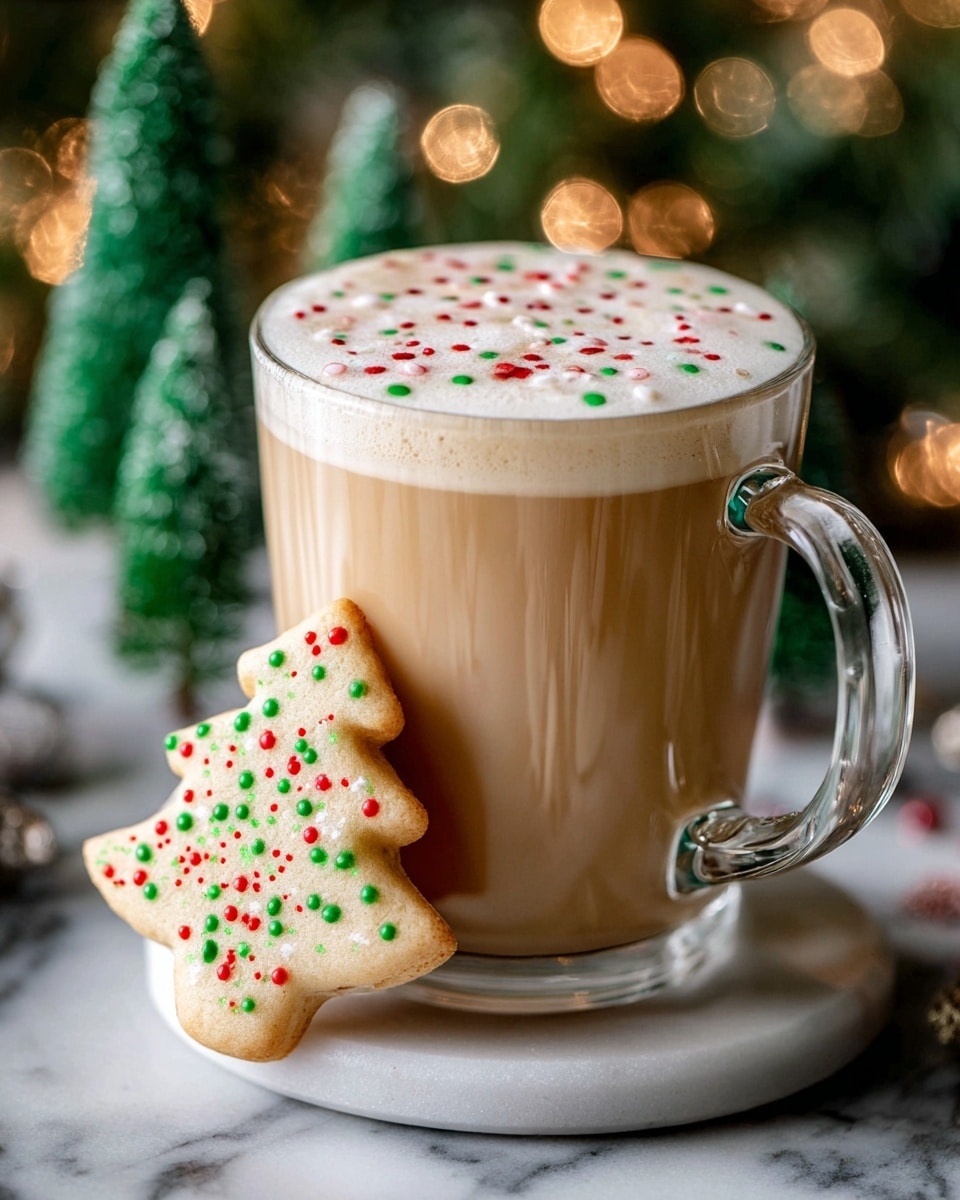 A clear glass mug filled with a creamy light brown latte, topped with a thick layer of frothy foam sprinkled with small red and green round sprinkles. The mug sits on a white marble coaster placed on a white marbled surface. In front of the mug, leaning against it, is a light-colored Christmas tree-shaped cookie decorated with red and green round sprinkles. The background shows blurred green mini Christmas trees and soft warm light, creating a cozy holiday atmosphere. Photo taken with an iphone --ar 4:5 --v 7