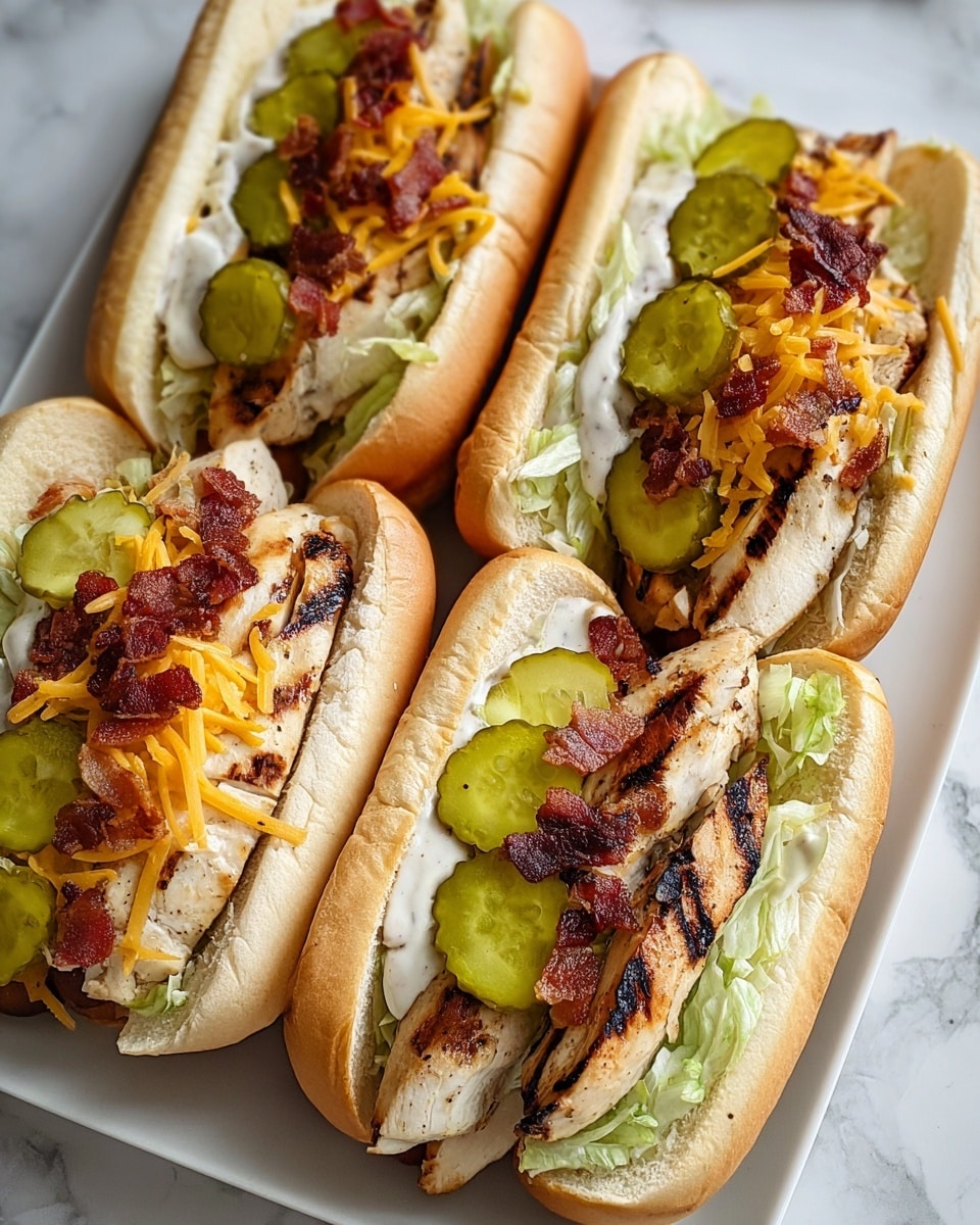 Four grilled chicken sandwiches are arranged closely on a white plate set on a white marbled surface. Each sandwich is made with a soft, light brown hot dog bun split open, holding a base layer of green lettuce and creamy white sauce. On top of that lies a layer of grilled chicken breast slices, showing dark grill marks and a slightly charred texture. Shredded orange cheddar cheese is sprinkled over the chicken, followed by several crinkled green pickle slices. Small pieces of crispy, reddish-brown bacon bits are scattered on each sandwich, adding a crunchy texture. The sandwiches are presented in a neat row, filling the plate with a fresh and colorful look. Photo taken with an iphone --ar 4:5 --v 7
