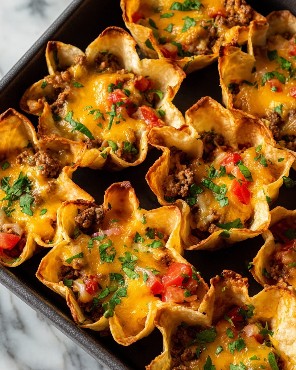 The image shows several taco cups made from crispy golden taco shells with ruffled edges, filled with layers of cooked ground beef mixed with diced tomatoes and small bits of green herbs. Each cup is topped with melted bright orange cheddar cheese that glistens on the surface, with some cups garnished with fresh chopped green cilantro. The taco cups are packed closely together inside a dark container, resting on a white marbled surface, highlighting the vibrant colors and textures of the filling and shells. Photo taken with an iphone --ar 4:5 --v 7