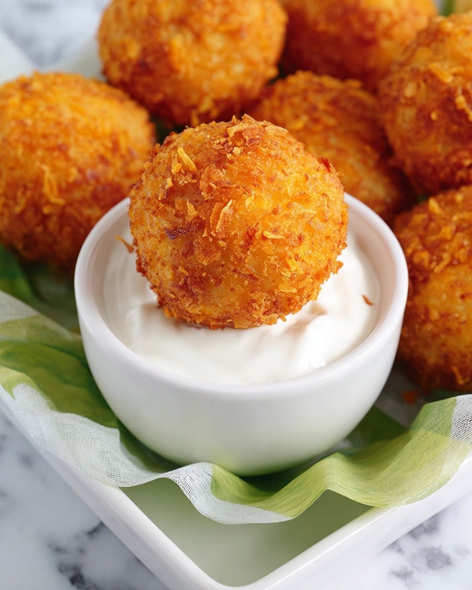 The image shows a close-up of a round, crispy, golden-brown fried ball resting on the edge of a small white bowl filled with smooth, white creamy dip. Around the bowl, there are several more of these fried balls, all with a crunchy textured surface and warm orange tones. The food is placed on a white tray lined with green and white striped paper, all set on a white marbled surface. photo taken with an iphone --ar 4:5 --v 7