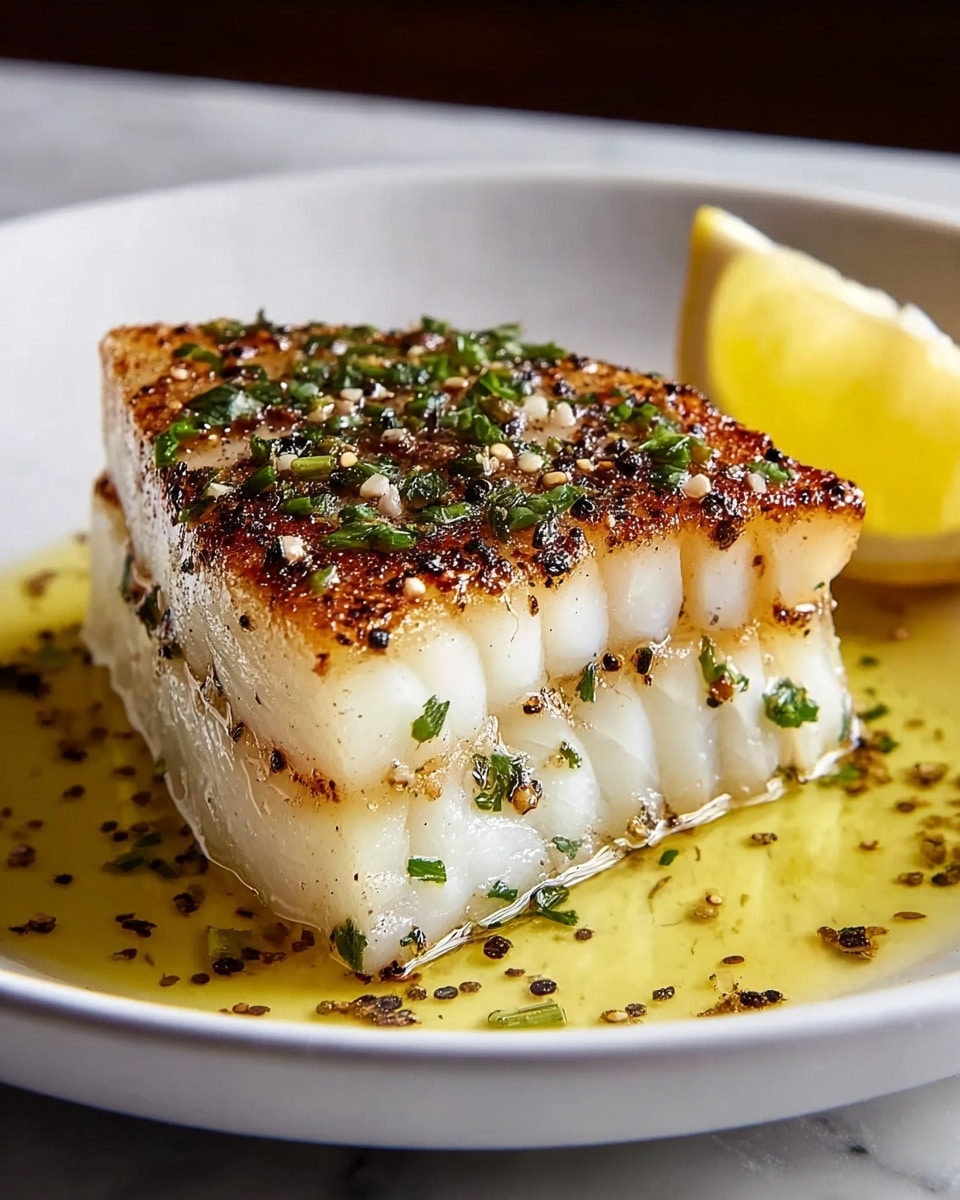 A thick, triangular piece of white fish with three visible horizontal layers sits on a white plate. The top layer is golden brown with a crispy texture, covered with cracked black pepper and green herb bits. The middle and bottom layers are soft and translucent white, showing the fish’s natural flake pattern. The fish rests in a pool of yellow butter sauce sprinkled with black pepper and green herbs, with a wedge of lemon placed behind the fish. The plate sits on a white marbled surface. photo taken with an iphone --ar 4:5 --v 7