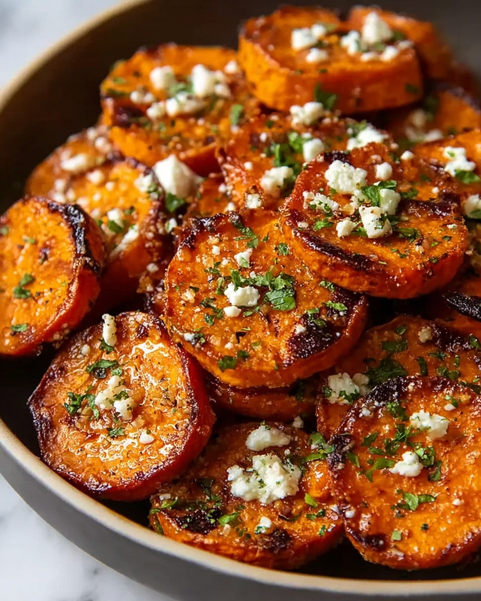 Close-up of a white bowl full of thick round slices of roasted sweet potatoes with a bright orange color and slightly charred edges. Each slice is topped with small white crumbles of cheese and bits of green herbs, possibly parsley, scattered evenly over the sweet potatoes. The texture looks soft and caramelized with a shiny glaze on the surface. The bowl sits on a white marbled surface. photo taken with an iphone --ar 4:5 --v 7