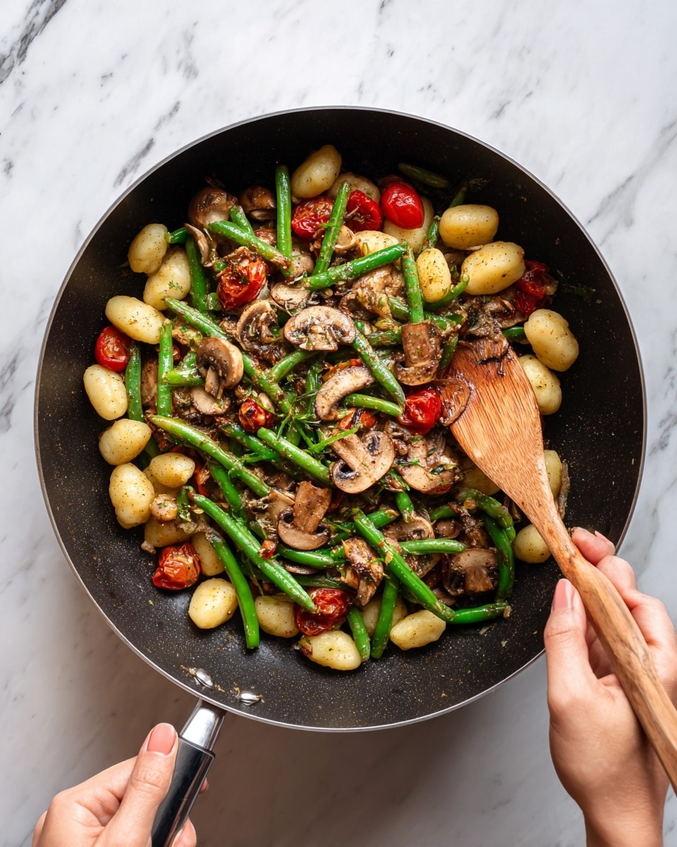 A black frying pan held by one woman's hand on the handle and stirred with a wooden spatula held by the other woman's hand contains a cooked dish with three main layers: the bottom layer has pale golden gnocchi pieces, scattered evenly; the middle layer features light brown sliced mushrooms with visible texture, and the top layer has bright green cut beans mixed with small pieces of red tomatoes and some browned bits of seasoning. The pan is on a white marbled surface. photo taken with an iphone --ar 4:5 --v 7