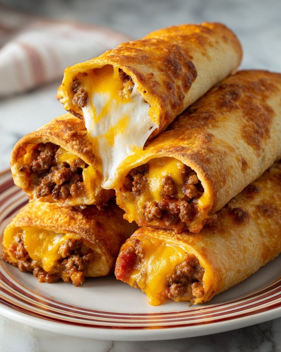A group of three taco sticks stacked on a white plate with red and brown stripes, showing a close-up view. Each taco stick has a golden-brown baked crust layer with melted yellow and orange cheese on top. Inside, there is a filling layer of cooked ground beef mixed with tomatoes, topped by a stretch of gooey melted cheese that is slightly white and orange. The top taco stick is broken open at one end, revealing the layers inside clearly. The scene is set on a white marbled textured surface in soft natural light. photo taken with an iphone --ar 4:5 --v 7
