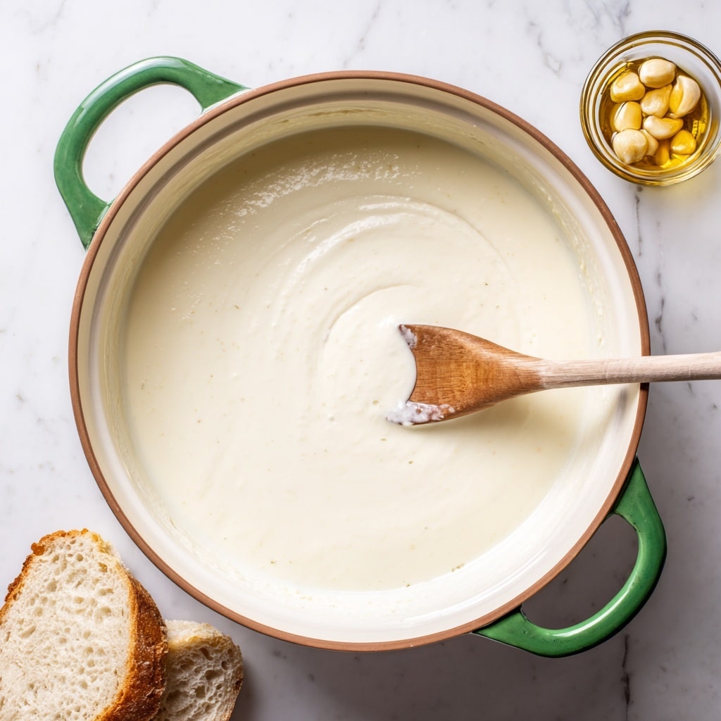 The image shows a shiny silver pot filled with smooth, thick, creamy white sauce being poured from a white spoon held by a woman's hand. The pouring sauce forms a soft stream that falls back into the pot, showing the sauce’s thick, silky texture. The background is a soft white marbled texture with a light blue and white striped cloth partially visible in the corner. The lighting highlights the glossy surface of the sauce and the shiny pot, giving a fresh and clean look. photo taken with an iphone --ar 4:5 --v 7