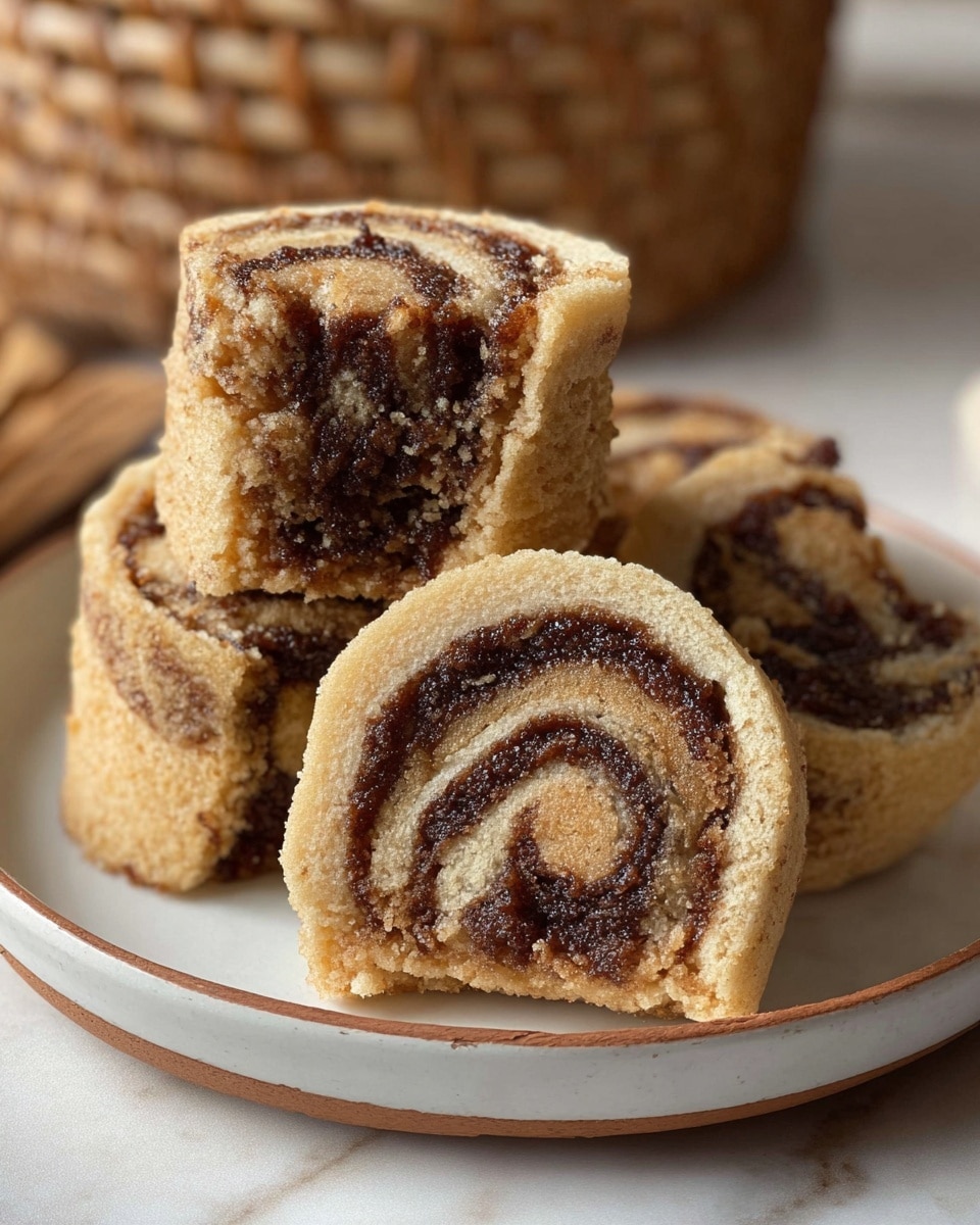The image shows a close-up of four small, round swirl pastries on a white plate with a thin brown rim, placed on a white marbled surface. The pastries are light brown with visible dark brown filling spiraled inside, creating about four to five layers. The texture looks soft and crumbly, with the swirls clearly defined and slightly rough on the edges. Two pastries are stacked on top of each other in the front, showing the detailed swirl pattern of the filling inside. The background is blurred with a woven basket adding a rustic feel. photo taken with an iphone --ar 4:5 --v 7