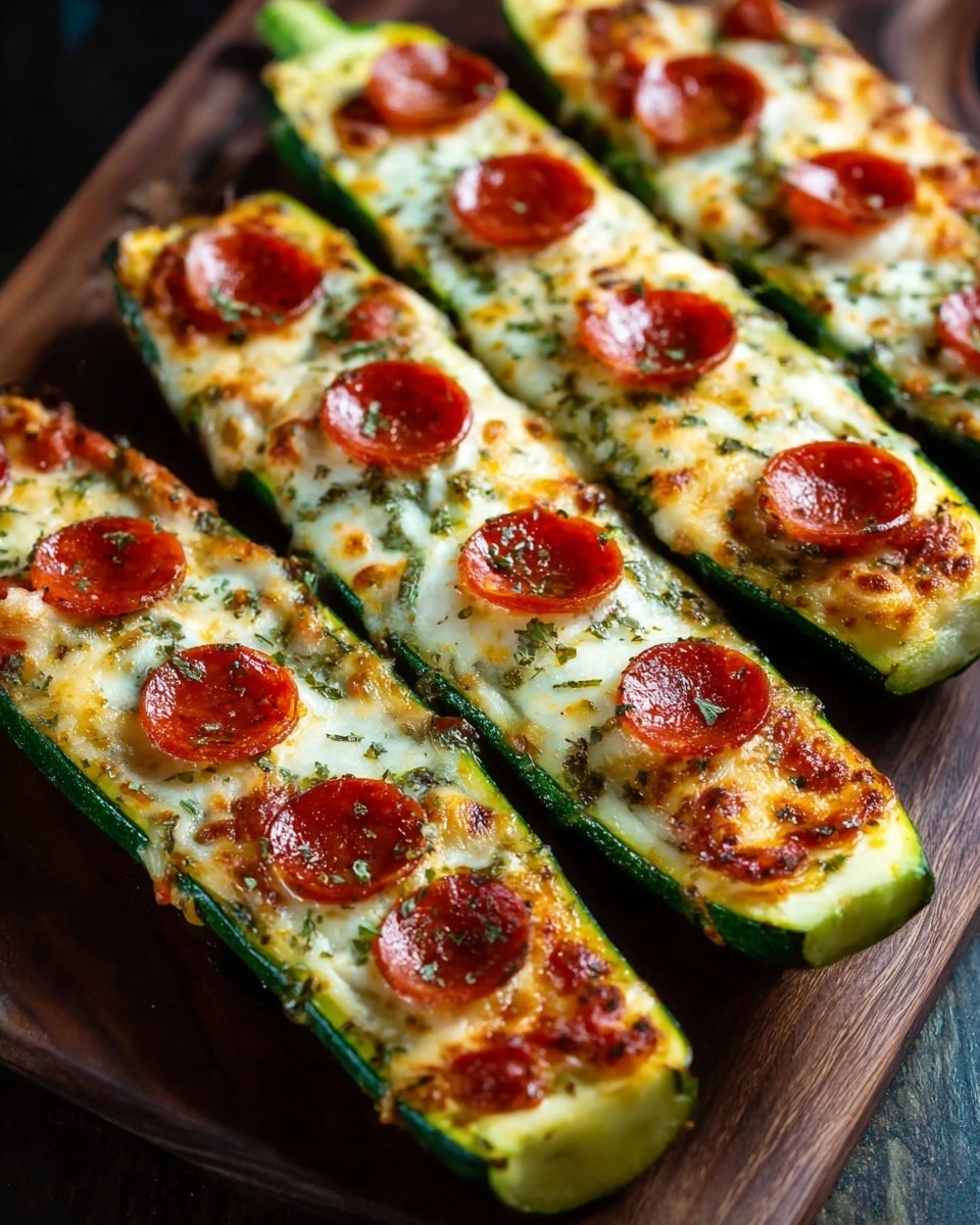 Four zucchini boats lie side by side on a dark wooden board, each cut lengthwise with a green outer skin and hollowed center filled with layered toppings. The base layer is melted white and golden cheese that looks gooey and slightly browned. On top, small round red pepperoni slices are evenly spaced along the length of each zucchini, with hints of herbs sprinkled within the cheese. The zucchini edges frame the colorful mix, showing bright green and a moist texture. The photo taken with an iphone --ar 4:5 --v 7