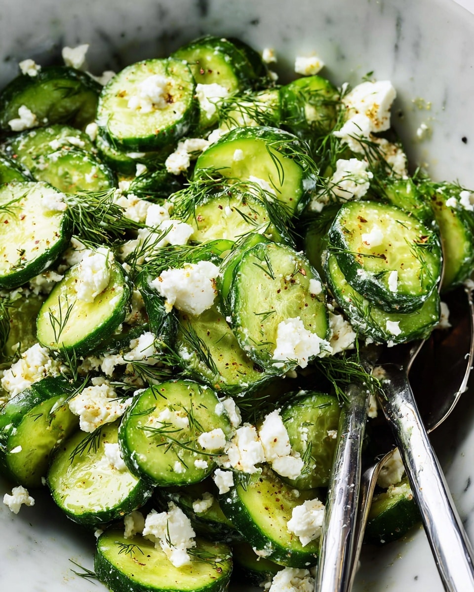 A close-up view of a fresh salad showing three main layers: thick cucumber slices with dark green skin and light green inside, small pieces of creamy white feta cheese scattered on top, and bright green dill sprigs mixed throughout. The cucumbers have a slightly shiny texture with a hint of seasoning, and the feta cheese is crumbly and evenly spread. Two metal forks are placed on the right side, partially inserted into the salad. The dish is set against a white marbled texture. photo taken with an iphone --ar 4:5 --v 7