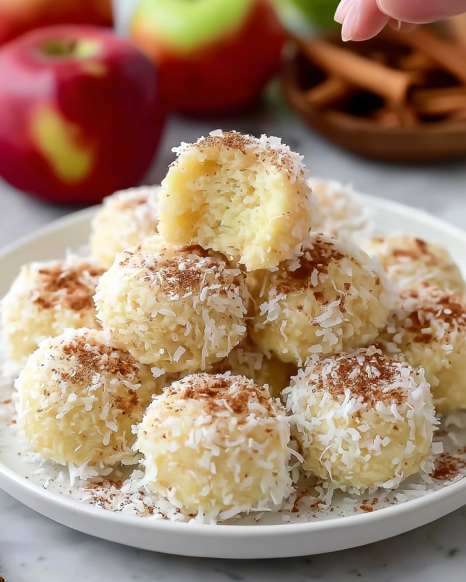 A white plate filled with about ten round bites that look soft and moist, light yellow inside with a fluffy texture. Each bite is covered with a topping of white shredded coconut and sprinkled brown cinnamon powder evenly across the surface. One bite is held above the others, showing its inside that looks airy and light. The plate sits on a white marbled surface, with blurry red and green apples and cinnamon sticks in the background. photo taken with an iphone --ar 4:5 --v 7