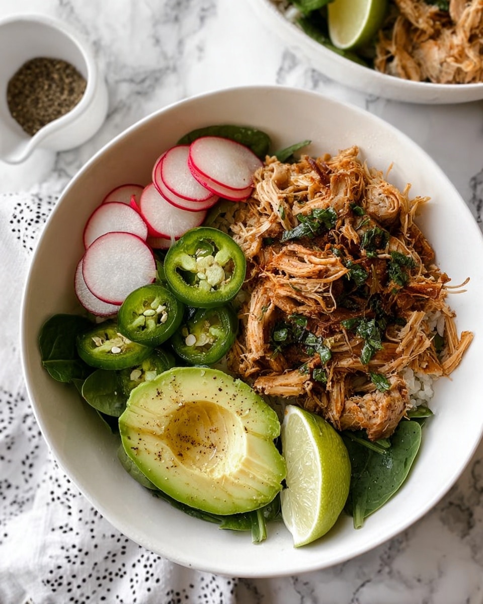 A white bowl contains a layered dish starting with a bed of green leafy spinach at the bottom. On the right side, there is a generous pile of shredded, browned chicken with some green herb sprinkles on top. On the left side, there are three groups of sliced fresh vegetables: thin red and white radish slices, bright green jalapeño rings, and neatly sliced avocado with small herb pieces and black pepper sprinkled over it. Two lime wedges rest on top of the spinach near the vegetables. The bowl sits on a white marbled surface with a small white cup of seasoning in the background, and a white cloth with a black pattern is placed partially under the bowl. Photo taken with an iphone --ar 4:5 --v 7