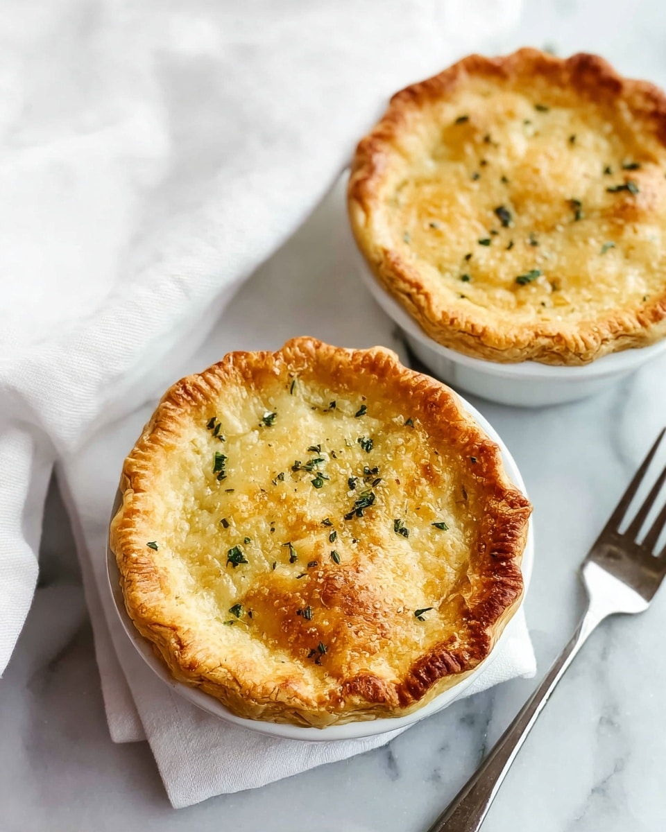 Two small white round dishes hold golden-brown baked pies with a flaky crust. The crust has a slightly crimped edge and is topped with small green herb pieces scattered across the surface. The pies sit on a white marbled background with a white cloth nearby, and a silver fork lies next to the dishes. The overall look is warm and inviting with a crisp texture on top. photo taken with an iphone --ar 4:5 --v 7