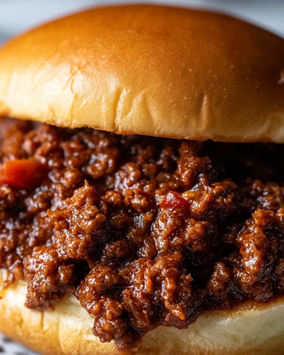 A close-up view of a sandwich open face, showing one layer of soft, light golden bread at the bottom, topped with a thick layer of chunky ground beef cooked in a rich, brown sauce mixed with bright red and small translucent onion pieces. A wooden spoon is partially scooping some of the beef mixture from the right side, highlighting the texture and moistness of the meat sauce. The background is a white marbled texture. photo taken with an iphone --ar 4:5 --v 7
