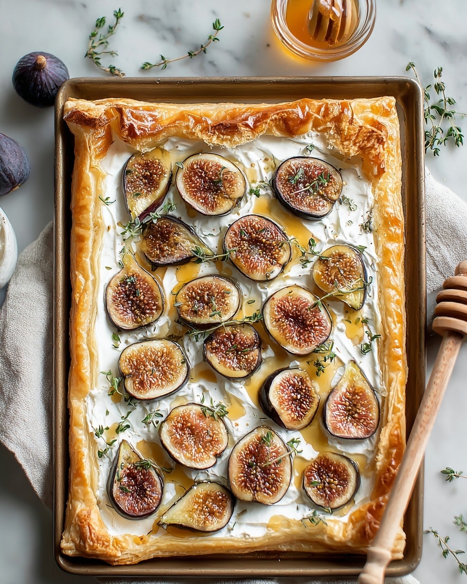 The image shows a rectangular tart on a baking tray with golden, crispy edges of puff pastry. The tart has a thick layer of white creamy cheese spread evenly across its surface. On top are halved figs with their inside showing, toasted to a light brown color with seeds visible in the center, arranged evenly all over the tart. Small green sprigs of fresh thyme are scattered between the figs, and a light drizzle of honey shines on top, adding a glossy touch. The baking tray sits on a white marbled surface with honey and a honey dipper nearby, and a light-colored cloth is placed to the side. Photo taken with an iphone --ar 4:5 --v 7
