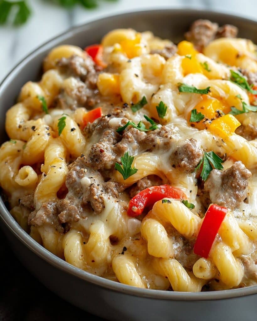 High-Protein Creamy Philly Cheesesteak Mac & Cheese Recipe
