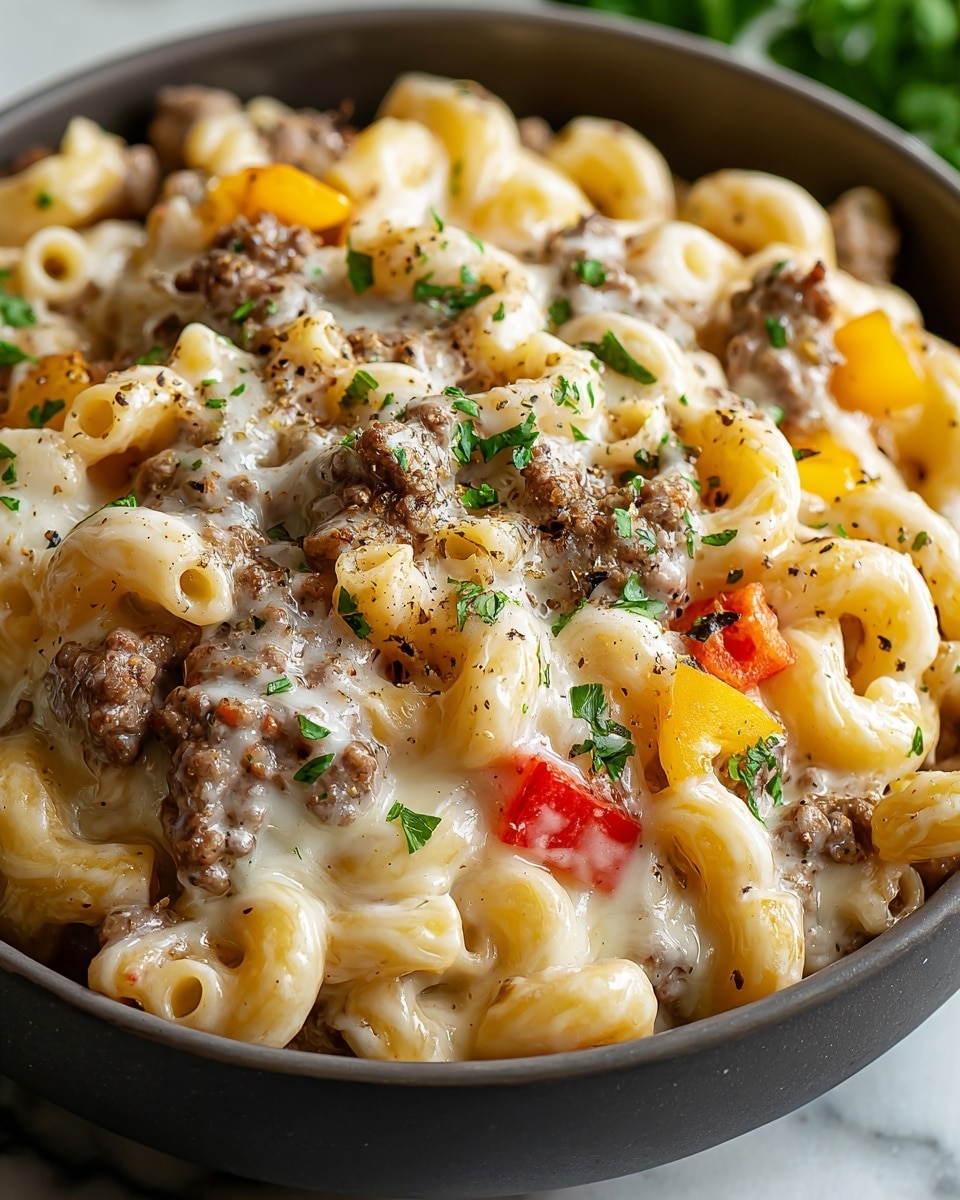 A close-up of creamy pasta in a white bowl with three main layers: the bottom layer is soft and curly macaroni pasta in a pale yellow color, the middle layer consists of small pieces of browned ground beef mixed throughout, and the top layer is melted white cheese that covers the pasta and meat, sprinkled with bits of fresh green parsley and cracked black pepper. There are also small pieces of red and yellow bell pepper scattered inside, adding bright color contrasts. The bowl sits on a white marbled surface with a faint background hint of greenery. The textures range from smooth and melty cheese to tender pasta and juicy meat. Photo taken with an iphone --ar 4:5 --v 7