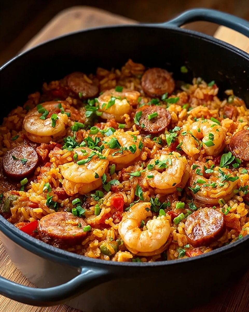 A large black pot filled with a rich, colorful dish showing a base of fluffy orange rice mixed with small bits of red and green vegetables. On top, evenly spread are plump, pink shrimp and browned sausage slices with a slightly crispy texture. The dish is sprinkled with chopped fresh green herbs, adding a pop of bright color. The pot sits on a wooden surface with a slight foreground blur. photo taken with an iphone --ar 4:5 --v 7