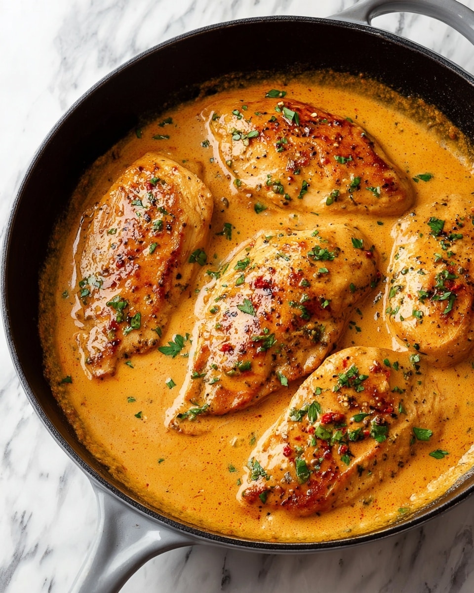 A close-up view of a black cast iron pan with four golden-brown chicken breasts cooked in a thick, creamy orange sauce that covers the bottom of the pan. The chicken breasts have a slightly browned texture with small crisp spots, and the sauce is smooth with some visible spices and sprinkled fresh green herbs on top. The pan rests on a white marbled surface, and its grey handles are visible on the sides. photo taken with an iphone --ar 4:5 --v 7