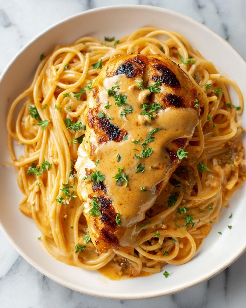 A white plate holds a bed of round, light golden spaghetti noodles that form the bottom layer, with some creamy orange sauce mixed in, giving a slightly textured look. On top, there is a single roasted chicken breast with a warm golden-brown color, featuring darker grilled spots and a smooth creamy sauce drizzled over it, garnished with small pieces of fresh green parsley scattered around. The overall scene is set on a white marbled surface. photo taken with an iphone --ar 4:5 --v 7