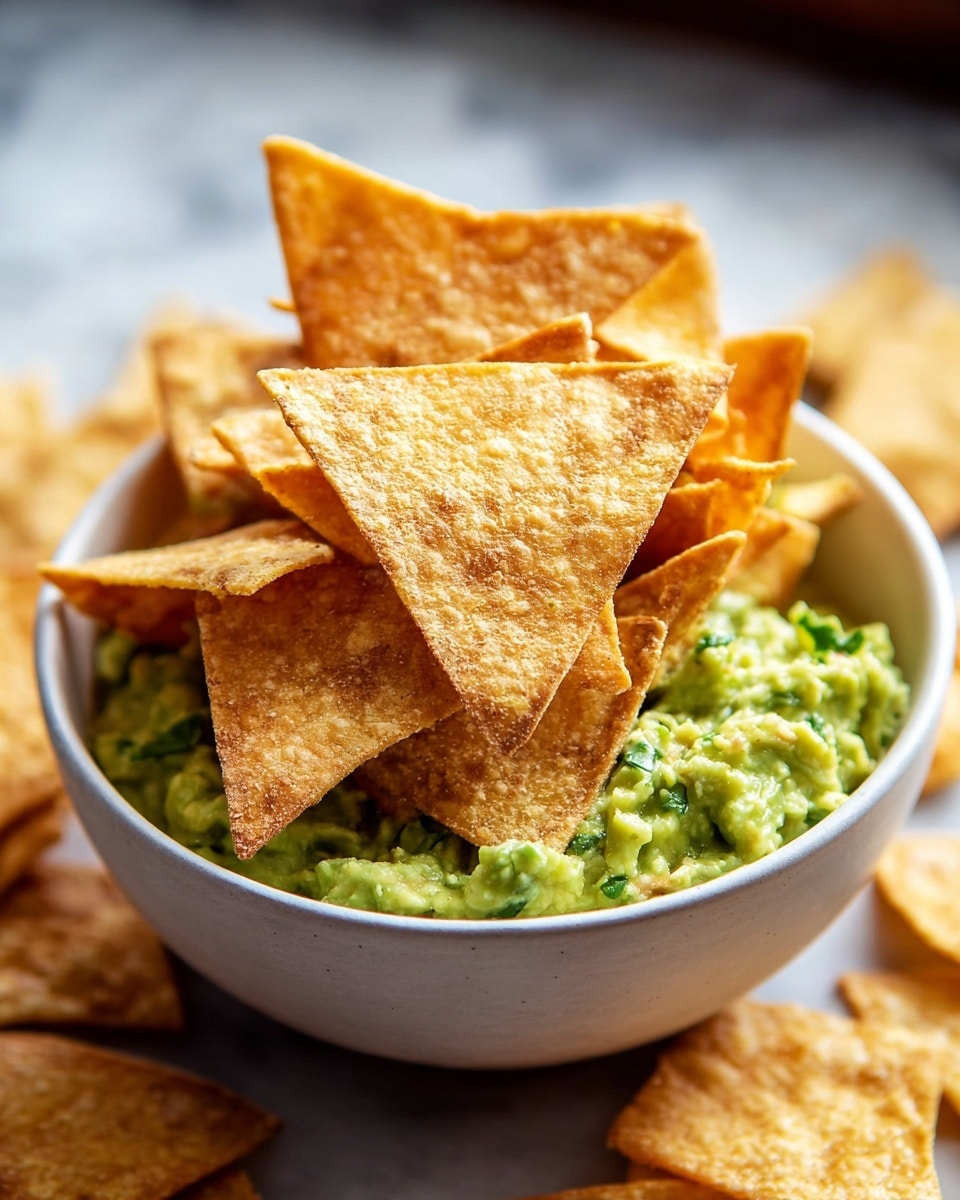 A close-up of a bowl filled with two layers: the bottom layer is a chunky green guacamole with small pieces of herbs visible, and the top layer is a pile of triangular golden-brown tortilla chips with a slightly rough, crisp texture. The chips are stacked unevenly, with some overlapping and others standing up. The bowl is white and sits on a white marbled surface with more chips blurred in the background. Photo taken with an iphone --ar 4:5 --v 7