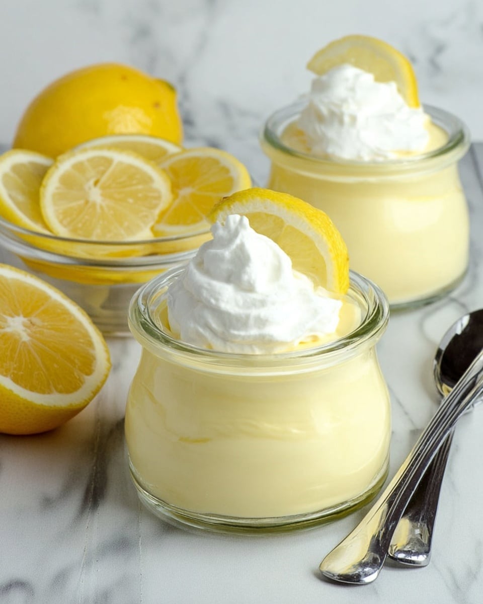 The image shows a small clear glass jar filled with smooth, pale yellow lemon pudding as the bottom layer. On top of the pudding is a dollop of white whipped cream with a soft texture, and a small bright yellow lemon wedge placed on the whipped cream as a garnish. Behind the jar, there is a clear glass bowl filled with thick lemon slices, showing the bright yellow skin and lighter inner flesh. To the side, a whole lemon with a bright yellow peel sits partially visible. The scene is set on a white marbled surface with soft natural light coming from the side, and a small spoon rests inside the jar, partly reflecting light. photo taken with an iphone --ar 4:5 --v 7