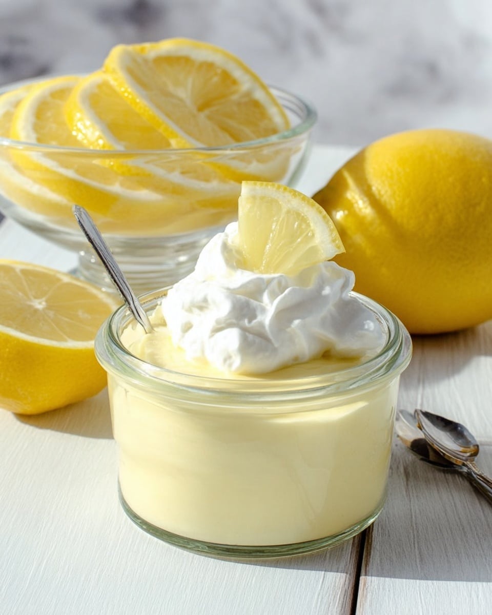 The image shows a small clear glass jar filled with smooth, pale yellow lemon pudding as the bottom layer. On top is a dollop of white whipped cream, crowned by a bright yellow lemon wedge slightly leaning to one side. Behind the jar, a small clear bowl holds several round lemon slices, and another jar with the same lemon pudding and whipped cream is partially visible. A silver spoon rests inside each jar, reflecting light softly. The whole setup is placed on a white marbled surface with a whole lemon nearby, creating a fresh and clean look. Photo taken with an iphone --ar 4:5 --v 7