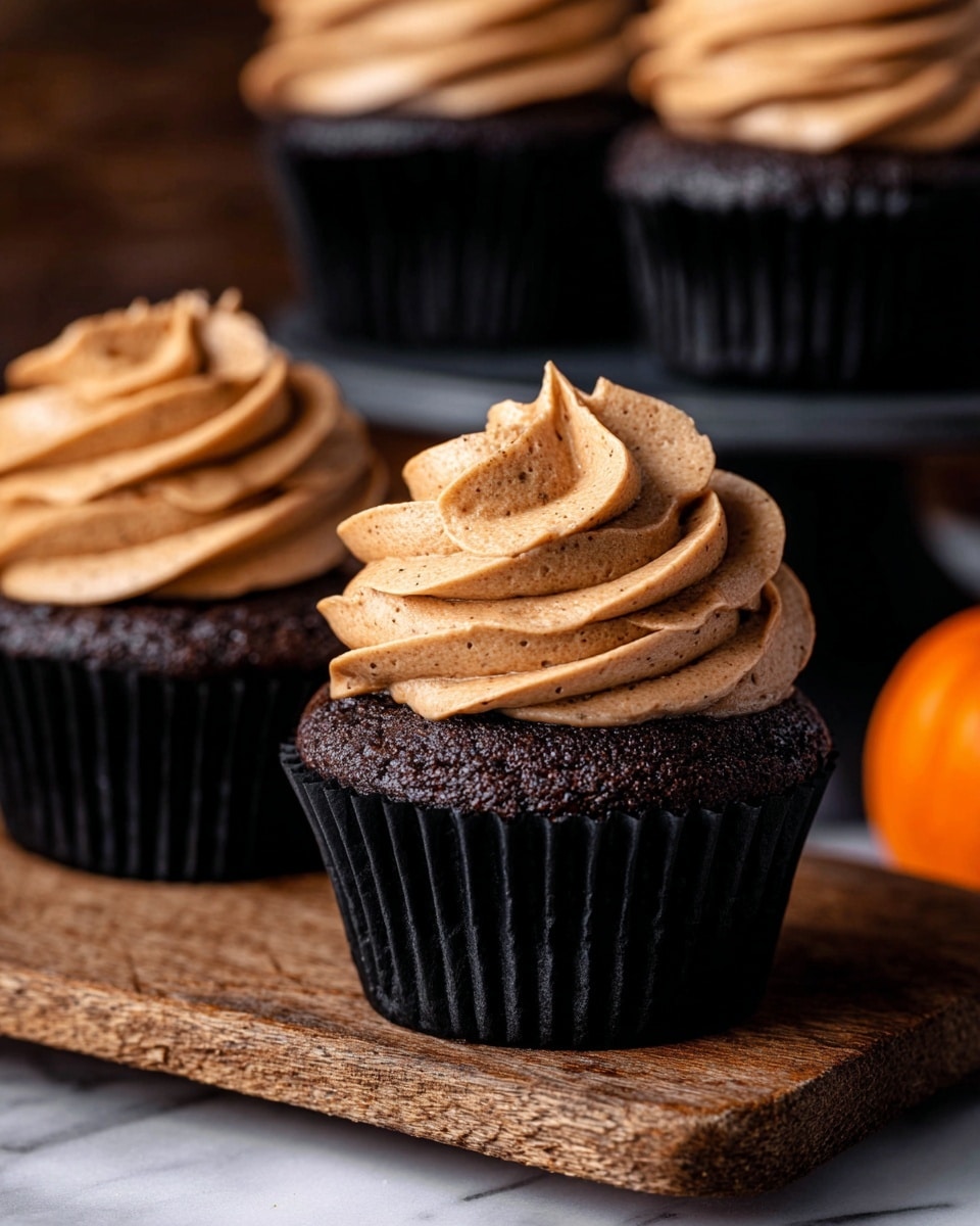 Two chocolate cupcakes are shown up close on a wooden board with a white marbled background. Each cupcake has one dark, rich chocolate base that looks moist and soft, wrapped in black paper liners. Swirled on top is one thick layer of light brown frosting with a creamy texture and smooth finish, piled high in a spiral pattern with small specks visible in the frosting. In the background, more cupcakes can be seen blurred on a black stand. A small part of an orange pumpkin is visible in the bottom left corner. Photo taken with an iphone --ar 4:5 --v 7