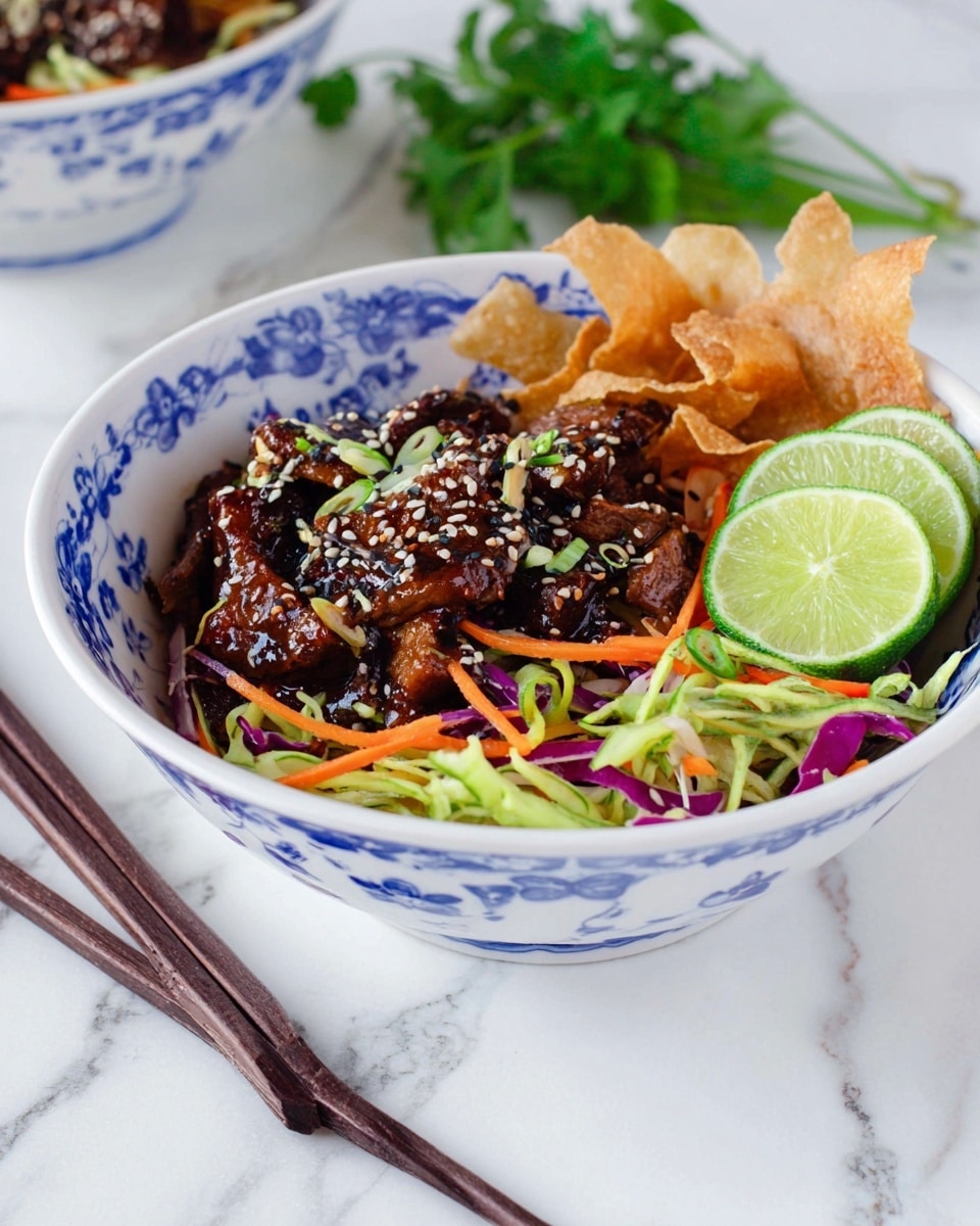 A white bowl with blue floral patterns holds a colorful dish with several layers: at the bottom, a mix of green, purple, and orange shredded vegetables that look fresh and crisp; on top of that, dark brown glazed pieces of meat sprinkled with white and black sesame seeds, giving a shiny and textured look; thin, light brown crispy strips rest on one side; and two bright green lime wedges are placed on the other side, adding a fresh contrast. The bowl is set on a white marbled surface with dark wooden chopsticks nearby, and a sprig of green herbs beside it. photo taken with an iphone --ar 4:5 --v 7