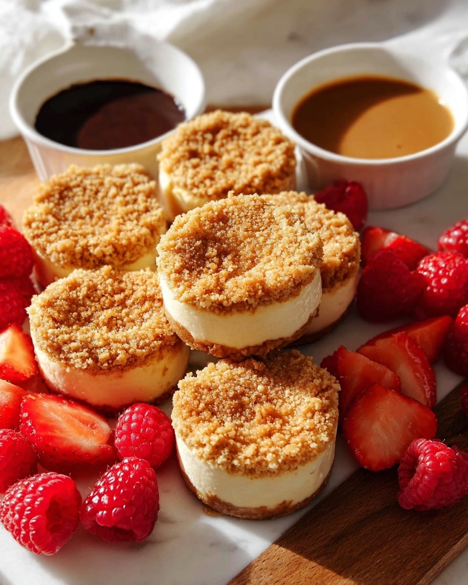 The image shows six mini cheesecakes with a crumbly golden-brown topping stacked closely together on a white marbled surface. Each cheesecake has three layers: a thin light brown crust at the bottom, a creamy off-white middle layer, and a rough-textured crumb topping in a warm brown shade. Bright red raspberries and sliced strawberries surround the cheesecakes, adding fresh color contrast. There are two small white dishes nearby, one filled with dark chocolate sauce and the other with a light brown caramel sauce. The overall scene is warm and inviting with natural light highlighting the textures and colors. photo taken with an iphone --ar 4:5 --v 7