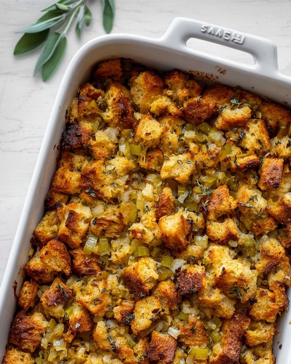 A white rectangular baking dish filled with a golden brown stuffing made of irregular chunks of toasted bread mixed with small pieces of cooked celery and herbs. The top layer is crispy with some browned edges, while inside it looks softer and moist with visible bits of green herbs and diced vegetables spread evenly throughout. The dish sits on a white marbled surface with a few green leaves in the background. Photo taken with an iphone --ar 4:5 --v 7