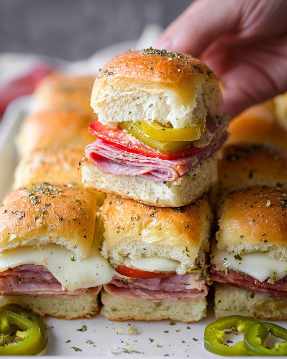 The image shows a stack of sandwich sliders on a white tray with a white marbled textured surface beneath. Each slider consists of three visible layers inside soft, golden brown sandwich buns that are sprinkled with herbs and black pepper on top. The bottom layer includes slices of folded pink deli meat, followed by a thin, bright red tomato slice and a layer of white cheese with a smooth texture. Above the cheese are small, chopped yellow peppers, adding a slightly glossy, crunchy layer. The bun tops are shiny and soft, with herb seasoning spread over melted butter, giving them a glossy look. A woman's hand is holding the top slider in the middle of the image. Some round green pepper slices are scattered around on the tray. Photo taken with an iphone --ar 4:5 --v 7