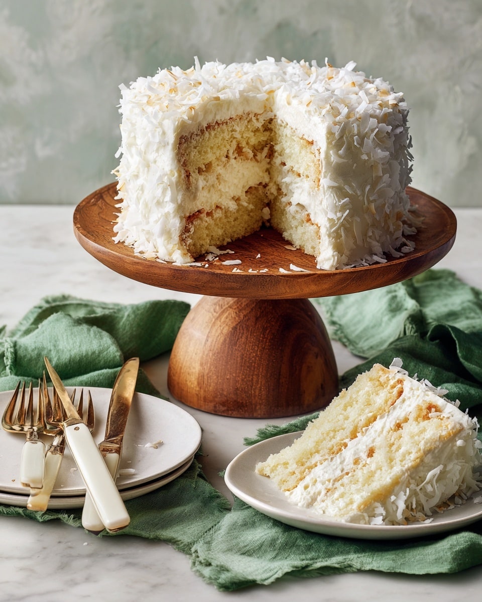 A three-layer white cake sits on a wooden cake stand, each layer showing soft, fluffy white sponge with thick, creamy white frosting in between. The outside is covered with uneven white cream and large white coconut flakes that add texture and volume. A slice is taken out, revealing the inside layers and creamy filling. Next to the stand on a white plate is a slice of the same cake, also covered with white frosting and coconut flakes. Two forks with white handles rest on a green cloth beside the plate, all arranged on a table with a white marbled texture. photo taken with an iphone --ar 4:5 --v 7