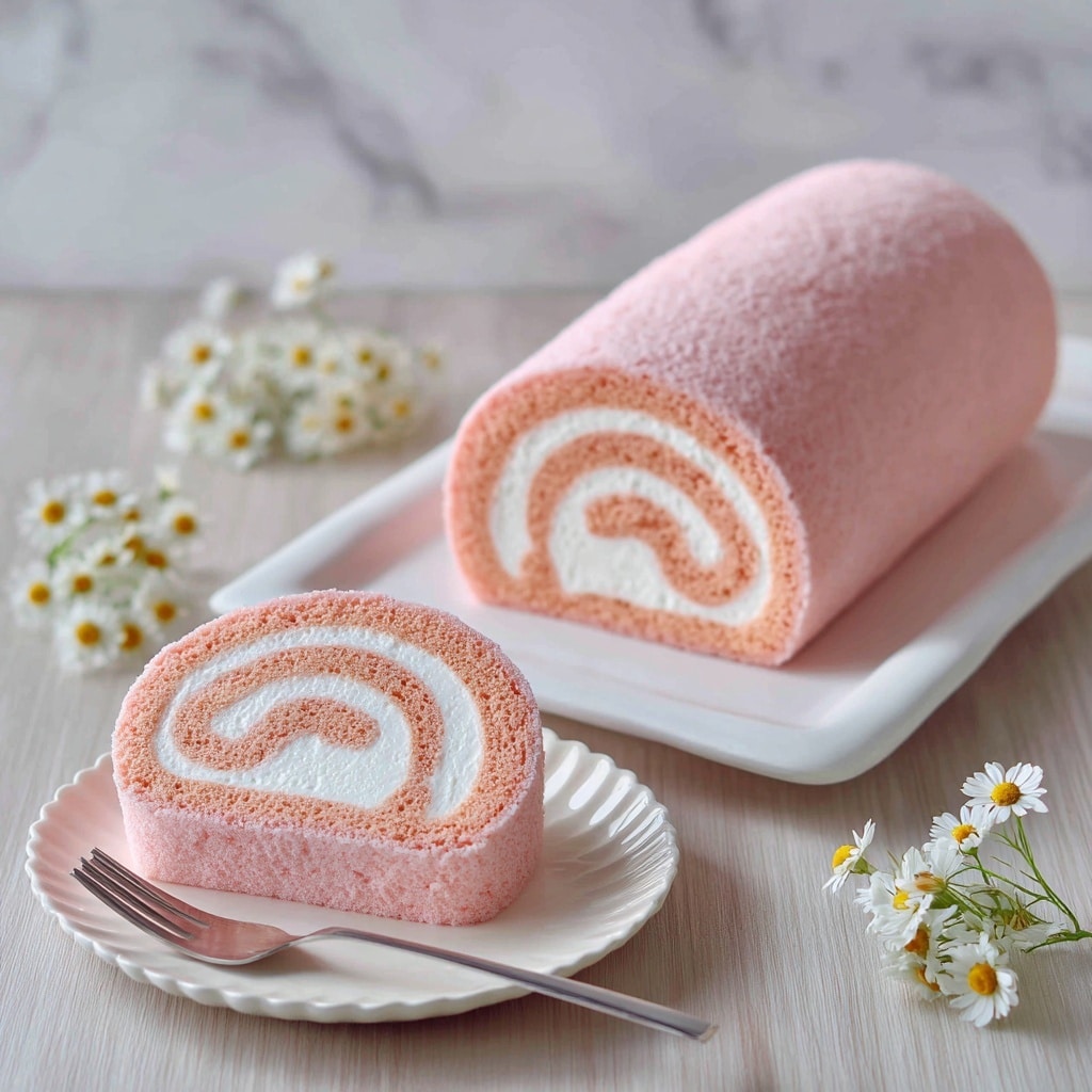 The image shows a soft Japanese cotton candy cake roll with two main layers. The outer layer is a smooth, fluffy light pink sponge that wraps around a creamy white inner layer swirled inside, creating a spiral pattern when sliced. The whole roll is placed on a white rectangular plate with gently curved edges, resting on a light wooden table with a white marbled texture background. In the foreground, a slice of the cake roll sits on a white scalloped plate next to a small metal fork, showing the same pink and white swirl. Small white flowers with yellow centers decorate the scene, adding a fresh and delicate touch. Photo taken with an iphone --ar 4:5 --v 7