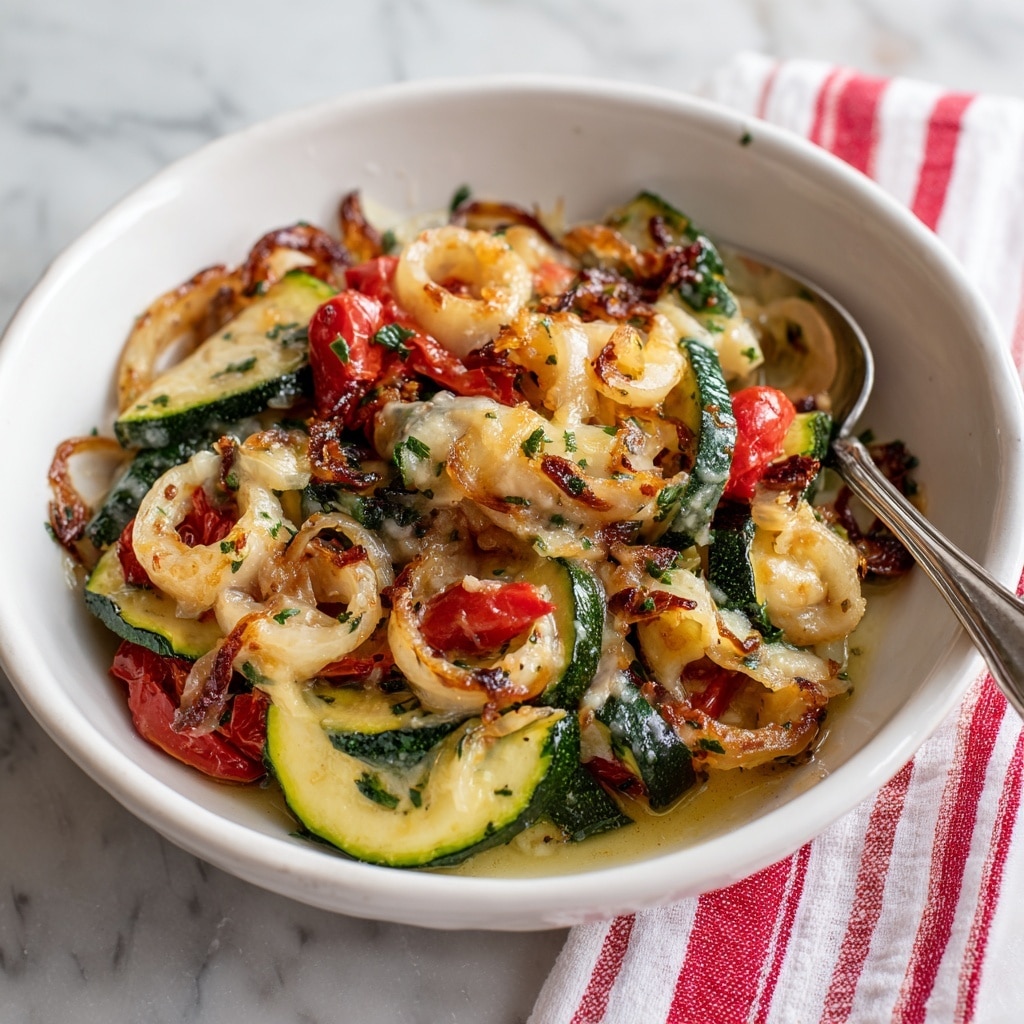 A close-up view of a dish with two main visible layers on a white plate, set on a white marbled surface. The bottom layer is a soft, yellow mixture that looks like cooked cornmeal or polenta, unevenly spread with a lumpy texture. On top of this, there are thin slices of cooked green zucchini with seeds visible, as well as translucent cooked onions and small pieces of red tomato mixed in. Some small green herb sprigs rest on and around the top layer, adding a fresh touch. The overall colors are pale yellow, green, light orange, and red, creating a warm, homey feel. Photo taken with an iphone --ar 4:5 --v 7