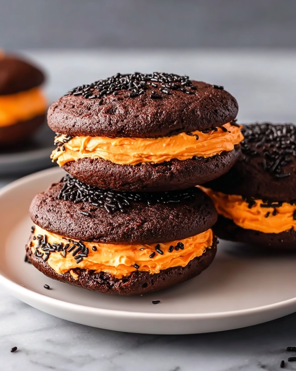 Three chocolate whoopie pies sit stacked on a white plate, each made of two thick, dark brown, soft-looking cake layers. In between the cake layers is a thick, bright orange frosting layer with a creamy texture, generously sprinkled with small, shiny black sprinkles. The edges of the frosting slightly peek out from the cakes, creating a vibrant contrast between the dark brown and orange colors. The plate rests on a white marbled surface, with soft lighting enhancing the rich textures of the cakes and frosting. photo taken with an iphone --ar 4:5 --v 7