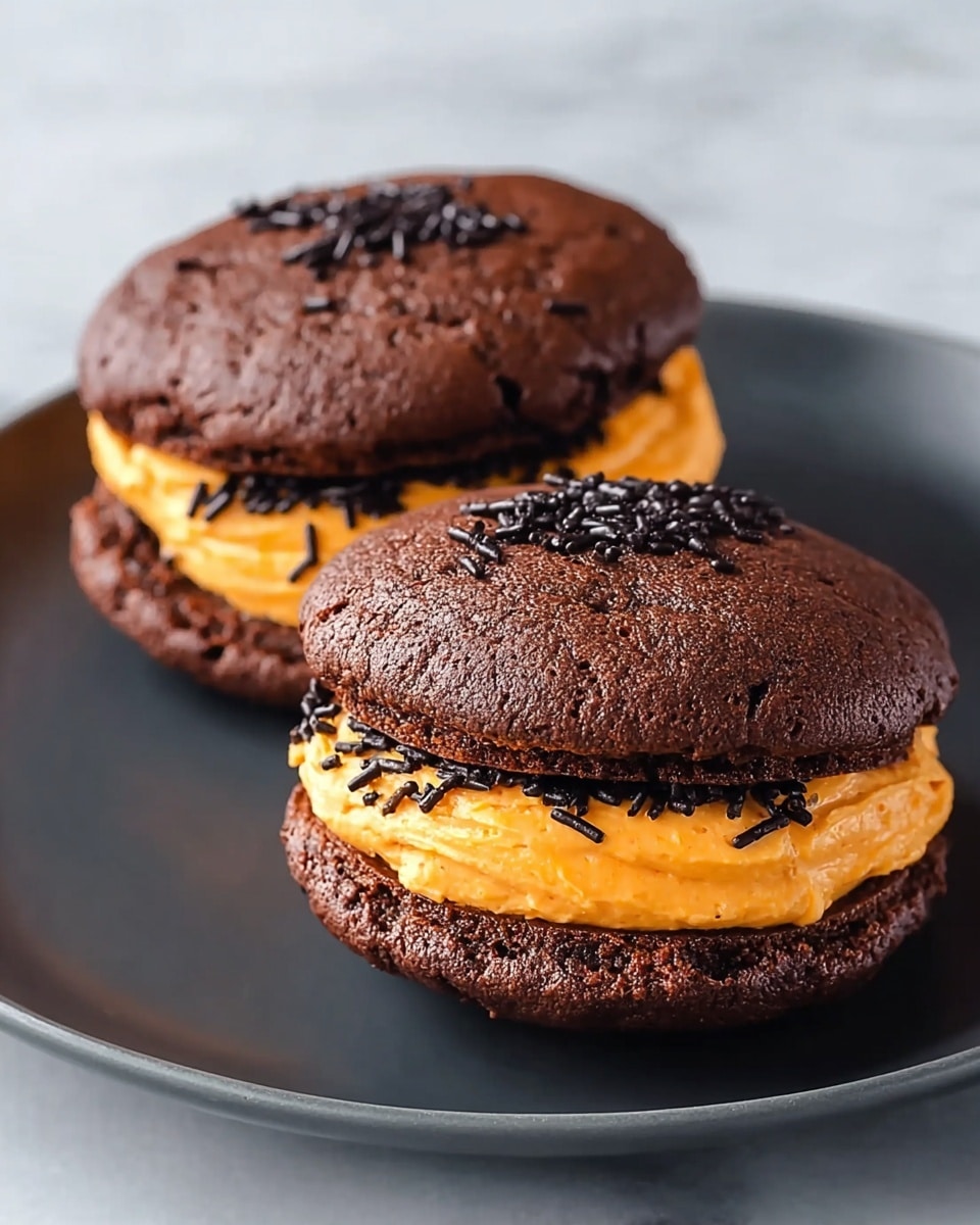Two chocolate whoopie pies sit on a white plate, each made of two thick, soft, dark brown cookie layers that have a rough, cracked texture. Between each cookie is a thick layer of smooth, bright orange cream filling, decorated with small black sprinkles scattered on the cream's surface. The plate is placed on a white marbled texture, highlighting the contrast between the dark chocolate cookies and the vibrant filling. photo taken with an iphone --ar 4:5 --v 7
