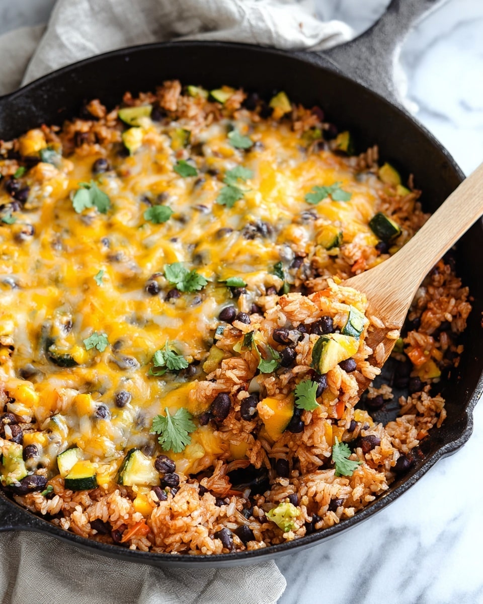The image shows a black cast iron skillet filled with a colorful baked rice dish. The base layer is cooked rice mixed with black beans and small chunks of pale green zucchini and orange bell peppers. On top of this is a melted mixture of yellow and light orange cheese, slightly browned in spots. Scattered fresh green cilantro leaves add a touch of color on the surface. A wooden spatula is scooping some of the rice mixture from the bottom left of the skillet. The skillet is placed on a white marbled surface with a light grey cloth nearby. Photo taken with an iphone --ar 4:5 --v 7