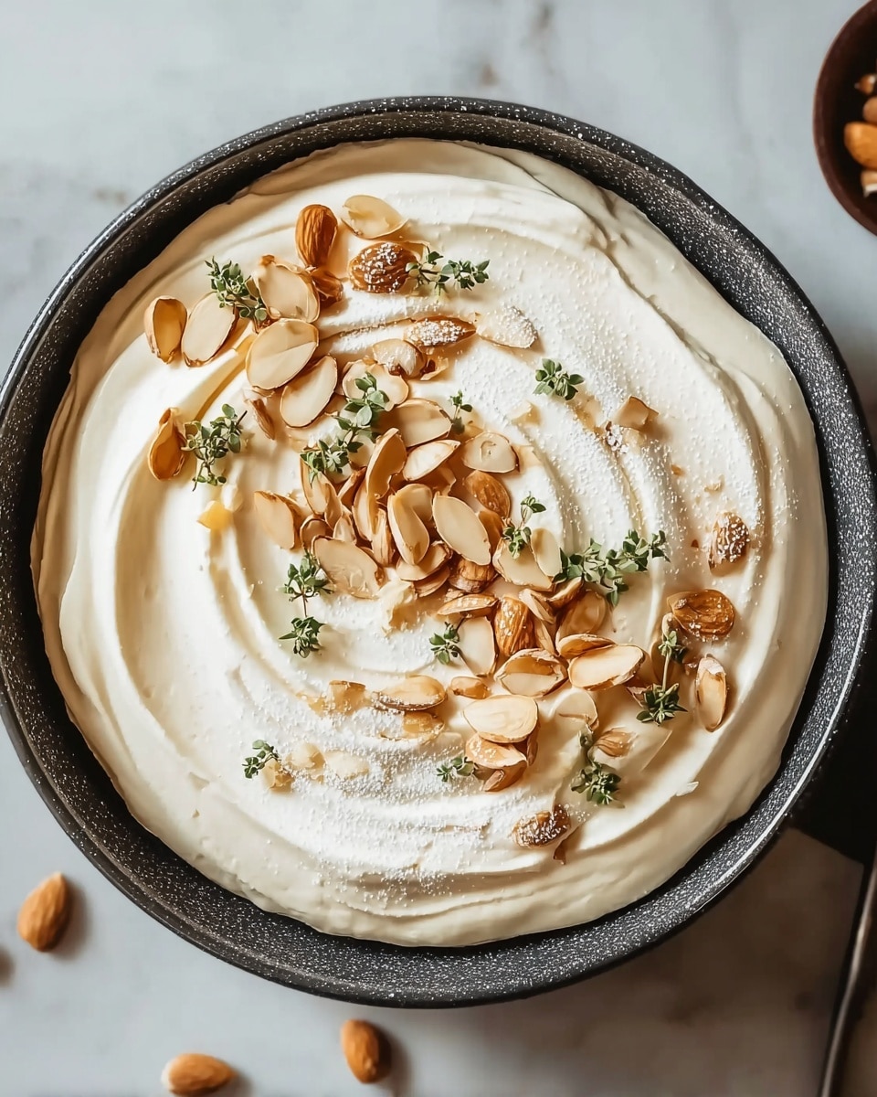 A round dessert placed in a dark round bowl with a textured edge sits on a white marbled surface. The dessert has one main thick layer of smooth, creamy white topping swirled gently around the edges creating a soft spiral effect. On top, there are scattered roasted golden brown almonds and some small green fresh herb sprigs placed mainly in the center. Light white powdered sugar is dusted over the dessert, mostly near the edges, adding a soft frosted look. The overall color palette is soft white with warm brown and green touches, creating a fresh and inviting appearance. Photo taken with an iphone --ar 4:5 --v 7
