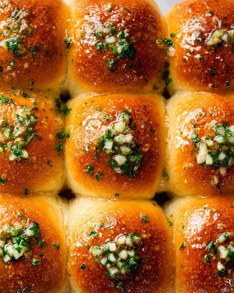 A close-up view shows nine shiny golden-brown garlic butter bread rolls arranged in a 3x3 grid, each roll glossy with melted butter and scattered with small pieces of finely chopped green parsley and garlic bits on top, the rolls are soft and fluffy with a smooth texture and light crust, all set against a white marbled background. photo taken with an iphone --ar 4:5 --v 7