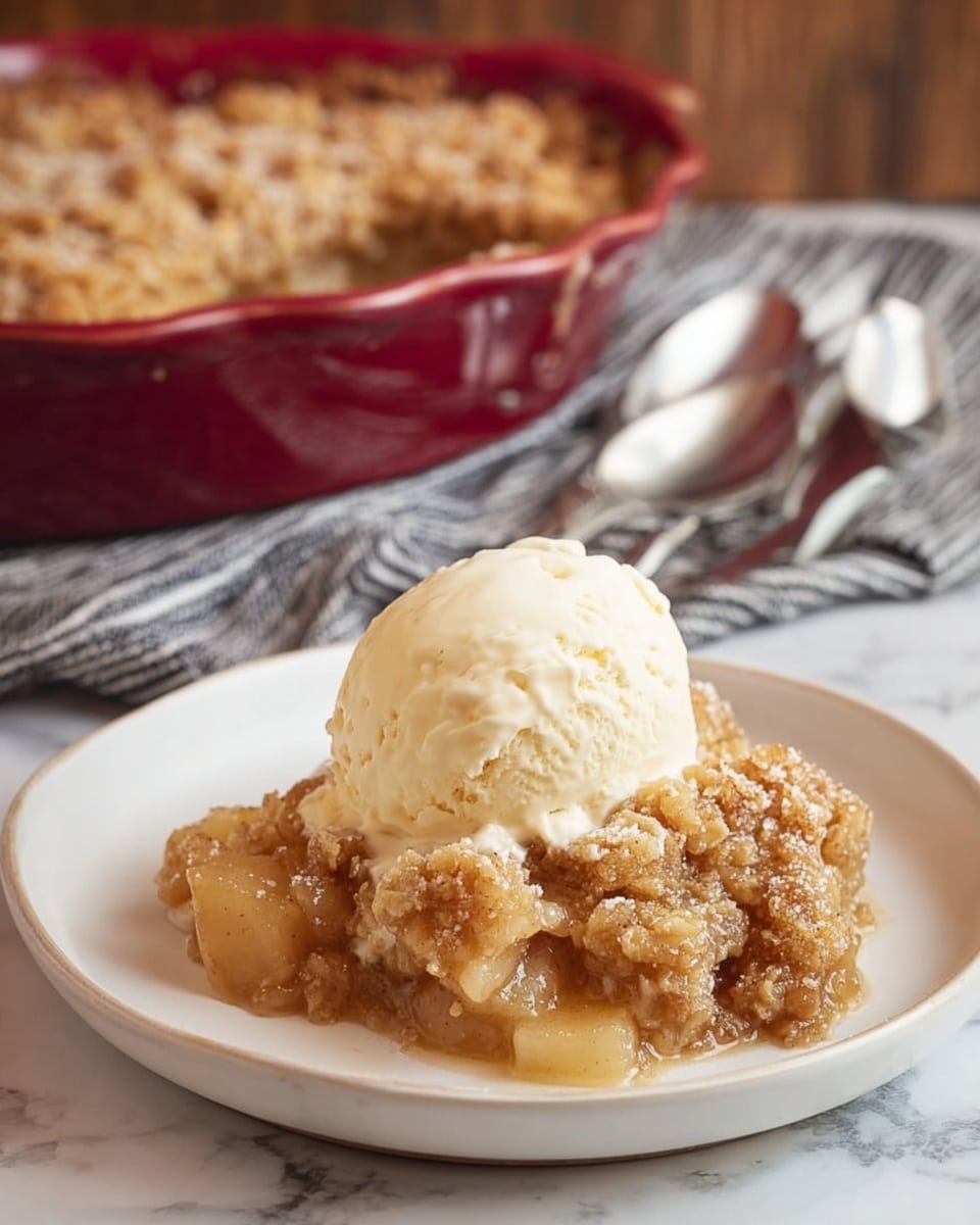 A baked apple cobbler is shown inside a round white ceramic dish with a maroon rim. The top layer is a rough, golden brown biscuit crust sprinkled with coarse sugar crystals, which looks crunchy and cracked in spots. Underneath the crust, a soft and gooey apple filling with light yellow and caramel brown colors is visible where a spoon has scooped out a portion from one side. The dish is placed on a white marbled surface, partly covered by a folded striped kitchen towel with earthy tones. photo taken with an iphone --ar 4:5 --v 7