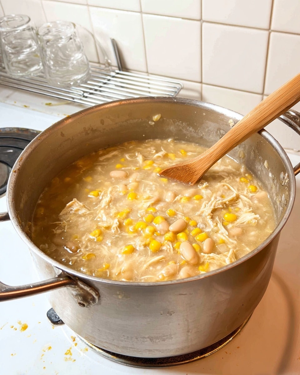 A large silver metal pot filled with a thick, creamy mixture of light beige soup with visible white beans, small pieces of shredded chicken, and bright yellow corn kernels mixed evenly throughout. A wooden spoon with a smooth brown handle rests inside the pot, partly submerged in the soup, stirring the contents. The pot sits on a white stovetop burner, with some small food splashes on the surface around the pot. The background shows a white tiled wall and a metal rack holding clear glass lids. The photo taken with an iphone --ar 4:5 --v 7