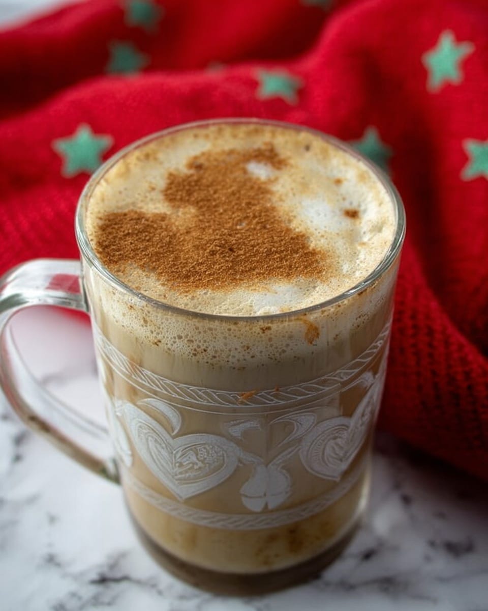 A close-up of a clear glass mug filled with a creamy light brown latte topped with a thick layer of frothy foam dusted with cinnamon powder. The mug has white heart and leaf patterns etched around it and is placed on a white marbled surface. In the background, there is a soft, blurred red fabric with a green star pattern. The scene feels warm and cozy, highlighting the smooth texture of the foam and the gentle swirl of coffee beneath it. photo taken with an iphone --ar 4:5 --v 7