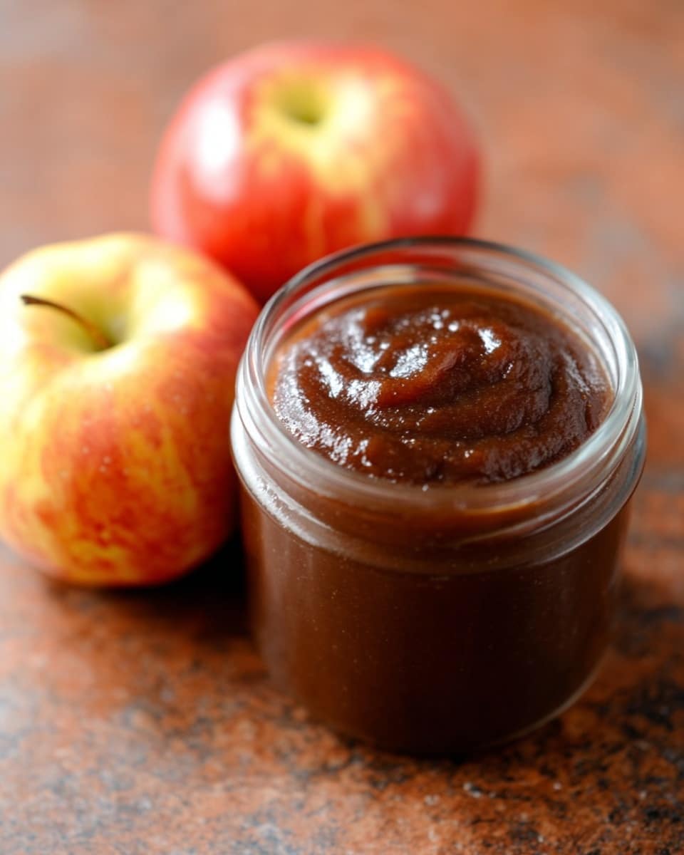 A clear glass jar filled with thick, dark brown apple butter showing a smooth and slightly shiny texture on top, placed on a white marbled surface. Next to the jar are two whole red and yellow apples with a glossy surface and soft color variation, slightly blurred in the background. The scene has warm lighting that highlights the rich, dense apple butter and the ripe apples photo taken with an iphone --ar 4:5 --v 7