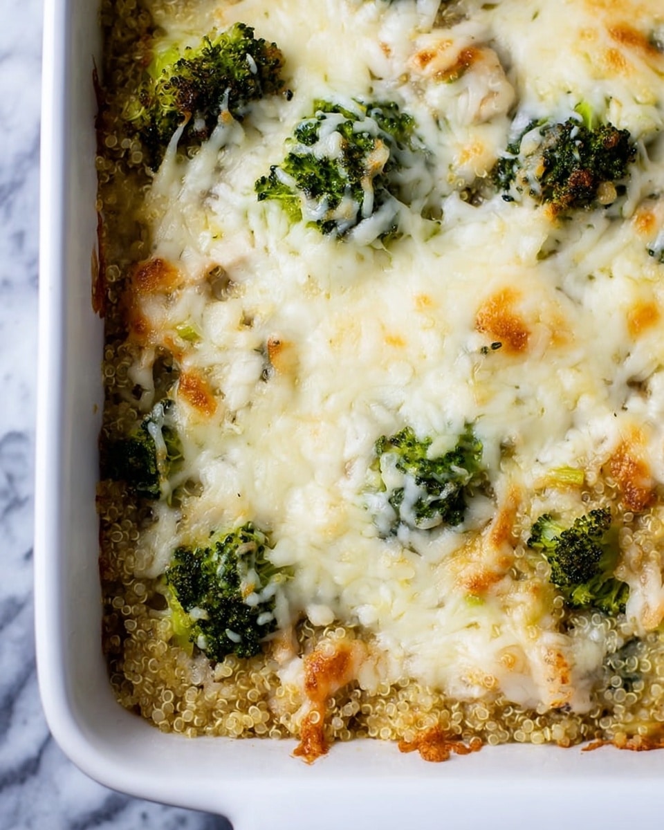 The image shows a close-up of a baked casserole in a white rectangular dish. The top layer is melted white cheese, spread unevenly with some golden brown bubbly spots. Under the cheese, small green broccoli florets are visible, giving some bright green contrast. The main base layer looks like cooked quinoa with its small round grains, light beige in color, filling the dish evenly. The casserole has a moist texture overall, with bits of other ingredients mixed in but less noticeable. The dish rests on a white marbled surface. photo taken with an iphone --ar 4:5 --v 7