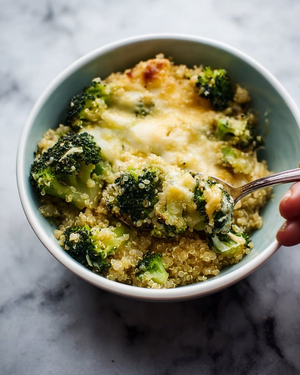 A close-up view of a white bowl filled with a broccoli and cheese casserole. The bottom layer shows cooked small yellow quinoa grains, looking soft and textured. Above this, vibrant green broccoli florets are mixed throughout, looking tender and fresh. The top layer is covered with melted cheese, creamy light yellow with a slightly browned and crispy edge. Part of a woman's hand holding a spoon is visible, ready to scoop from the bowl. The bowl sits on a white marbled surface. Photo taken with an iphone --ar 4:5 --v 7