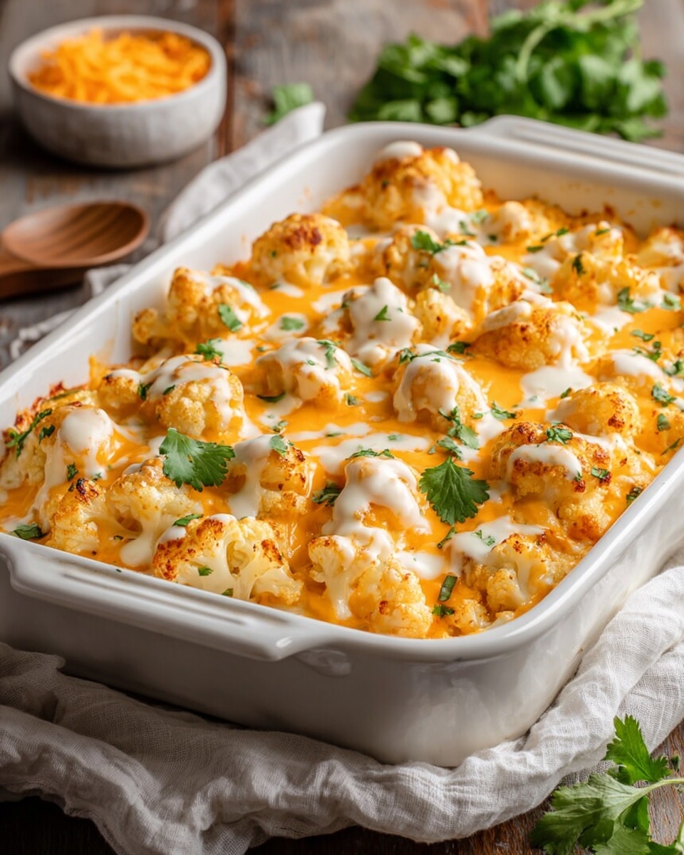 The dish is a creamy buffalo chicken cauliflower casserole served in a white rectangular baking dish with handles on each side. It has a thick base layer of orange-colored buffalo sauce mixed into cauliflower and chicken pieces, creating a soft and slightly chunky texture. On top, there is a thick, smooth layer of melted light cream-colored cheese that is spread unevenly, allowing little cauliflower florets and bits of chicken to peek through. Small green herb leaves and chopped green chives are scattered across the surface, adding fresh green color against the warm orange and cream. The white marbled texture background contrasts gently with the vibrant casserole, all shown in close-up to capture the rich, creamy, and hearty layers. Photo taken with an iphone --ar 4:5 --v 7